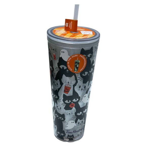 Tim Hortons TumblerHalloween Black Cats Glow in Dark 24 oz 2025 Limited Ed NEW - Picture 2 of 11